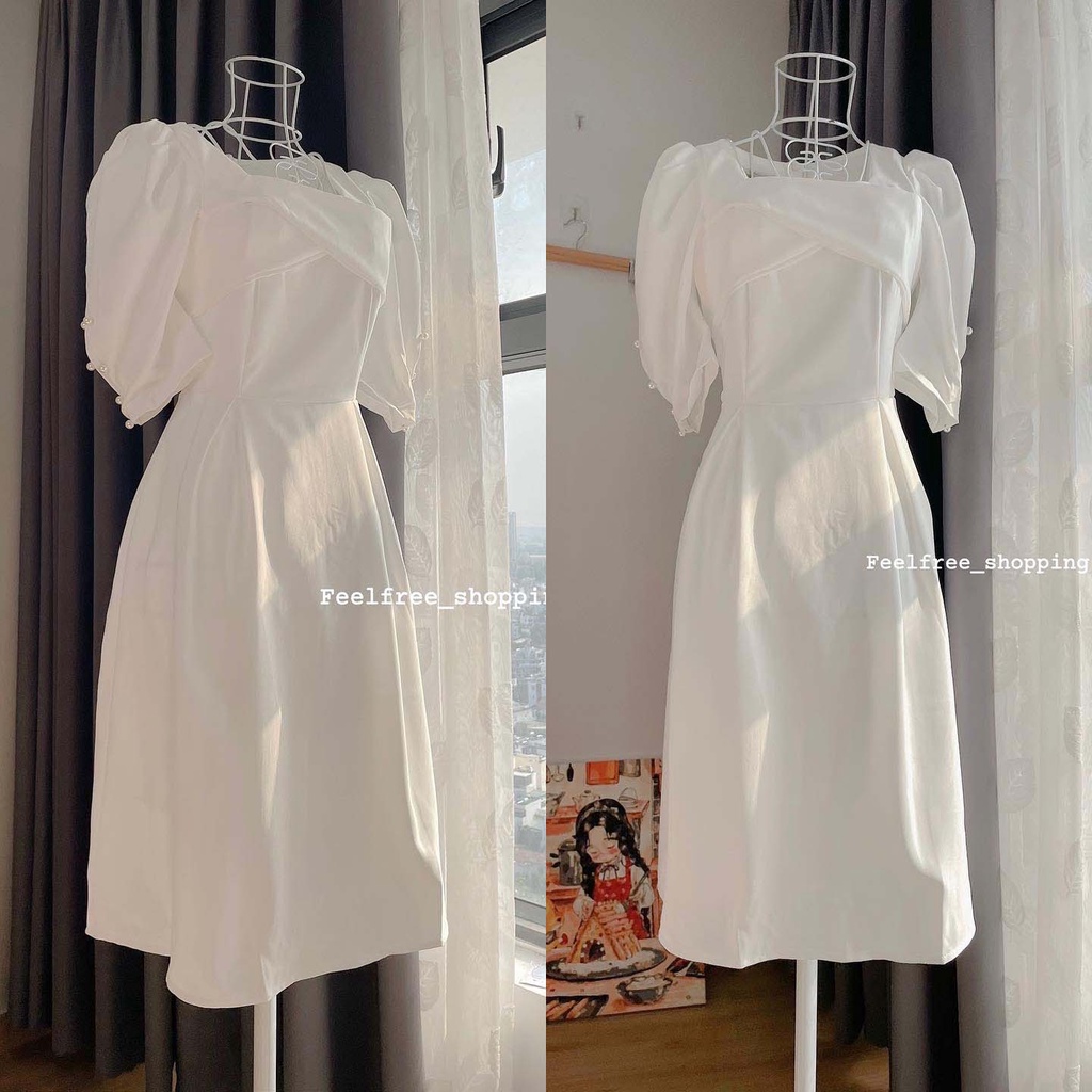 (Ảnh thật) Đầm Trắng Dài Cổ Vuông Tay Phồng Đính Ngọc Hai Lớp Mặc Đi Tiệc, Đi Chơi, Kỷ Yếu  D015