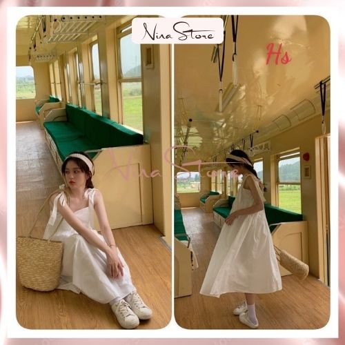 Váy babydoll nữ dáng dài đầm nữ 2 dây buộc nơ vai 2 màu trắng xanh style tiểu thư hàn quốc nhẹ nhàng nữ tính NinaStore