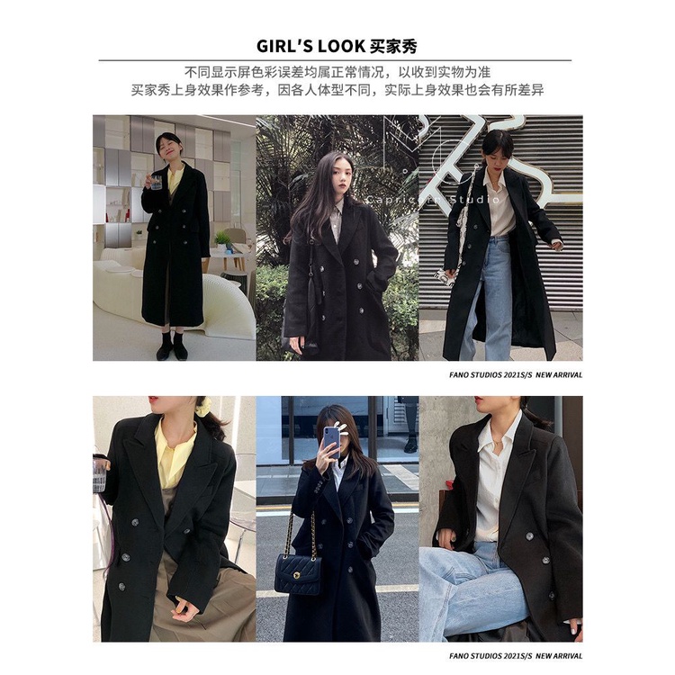 Áo khoác dạ đen dáng dài cao cấp hai hàng cúc dễ dàng phối đồ