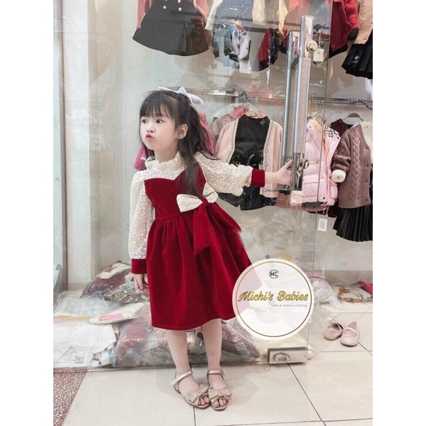 Váy nhung noel phối tay ren cho bé