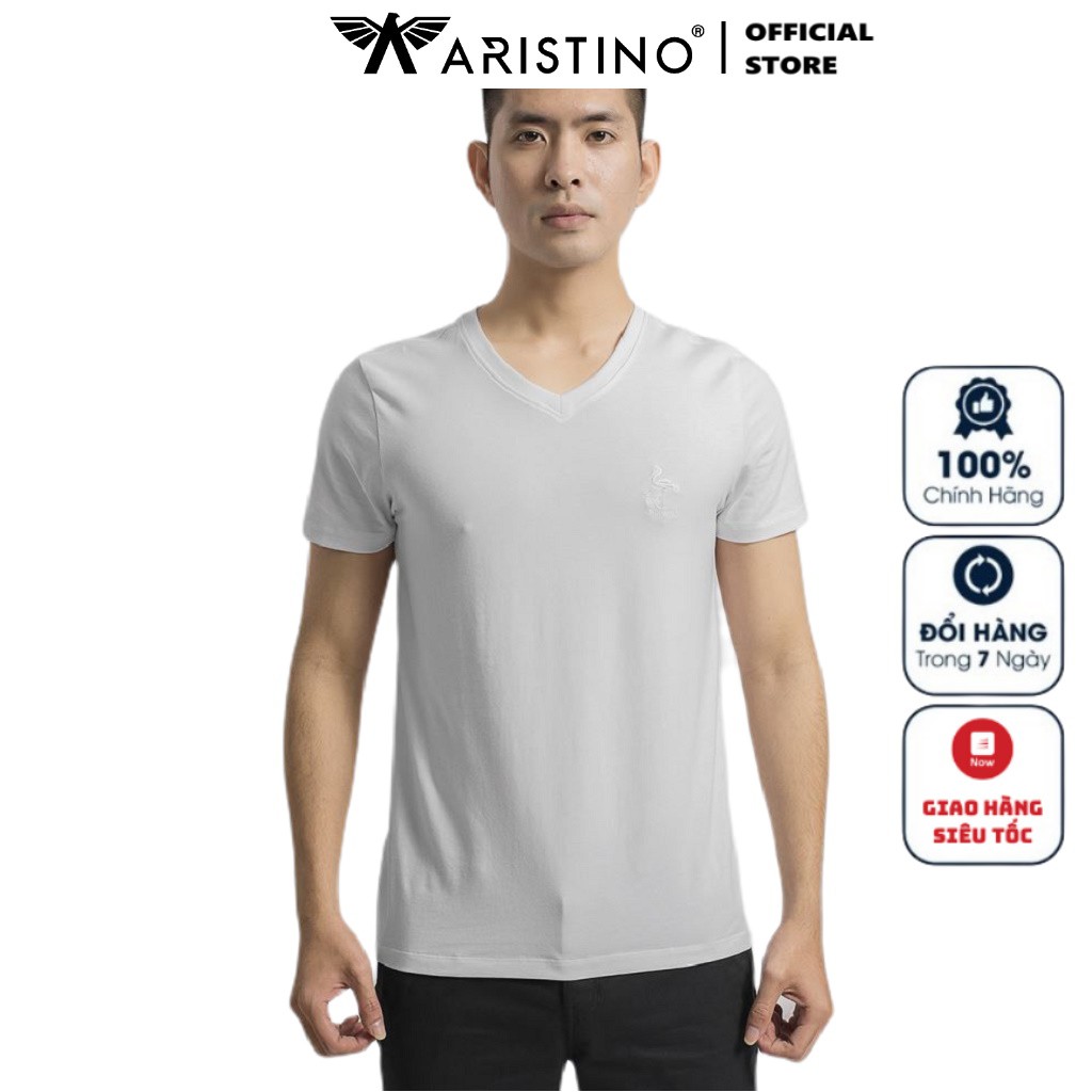 Áo Thun Nam Tay Ngắn Không Cổ Aristino ATS018S9 Màu Trắng 6 Dáng Slim Cổ Tim Chất Liệu CVC Mịn Mát