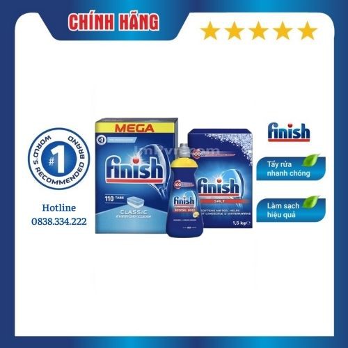 [HCM] Combo viên rửa bát Finish Hộp Classic 110 viên, Muối 1.5kg, Nước làm bóng 400ml