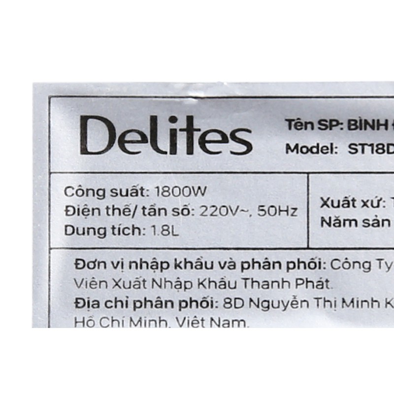 Ấm siêu tốc Delites 1.8 lít ST18DB01 - Hàng trưng bày - Bảo hành 12 tháng