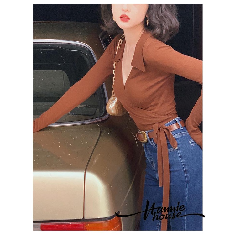 Áo dệt kim cột dây tay dài cổ chữ V màu trơn dành cho bạn nữ