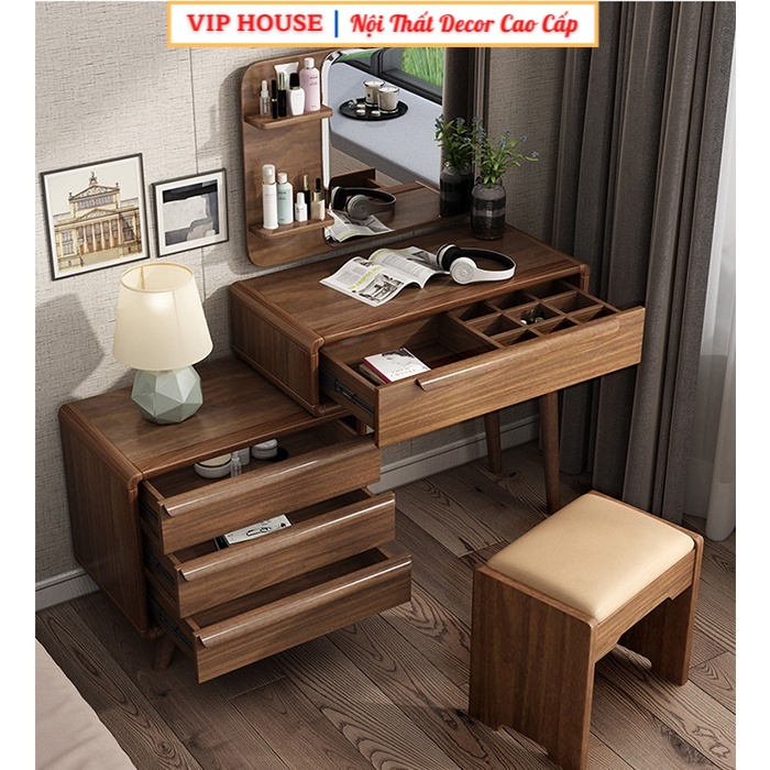 Bàn Phấn Kèm Ghế Gỗ Tự Nhiên Vân Gỗ Óc Chó Cao Cấp, Bộ Bàn Ghế Trang Điểm Sang Trọng Có Tủ Để Đồ Tiện Lợi LUX-BAP15