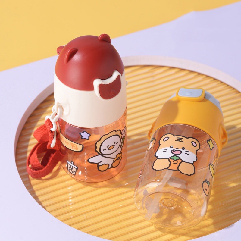Bình ống hút uống nước cho bé siêu cute 470ml có tặng kèm dây đeo
