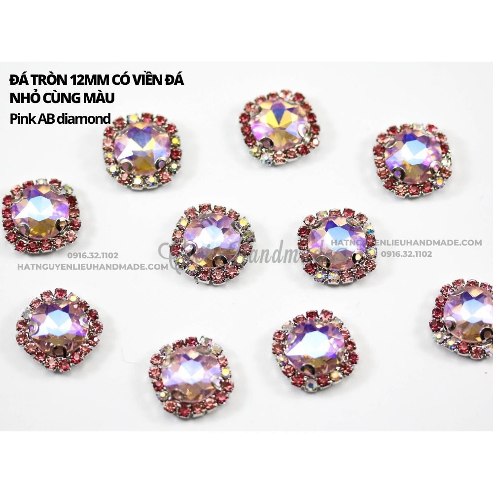 Đá tròn đế trắng 12mm có viền đá nhỏ cùng màu Cici Handmade chuyên hạt đá hạt pha lê hạt cườm hạt trang sức tự làm