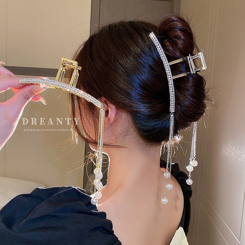 Kẹp Tóc Tua Rua Hình Học Đính Kim Cương Giả Bằng Kim Loại Cao Cấp