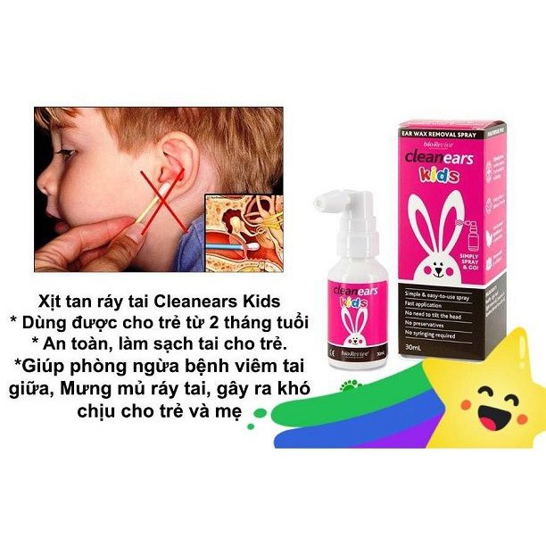 Xịt Tan Ráy Tai Cho Bé Cleanears Kids 30ml Úc