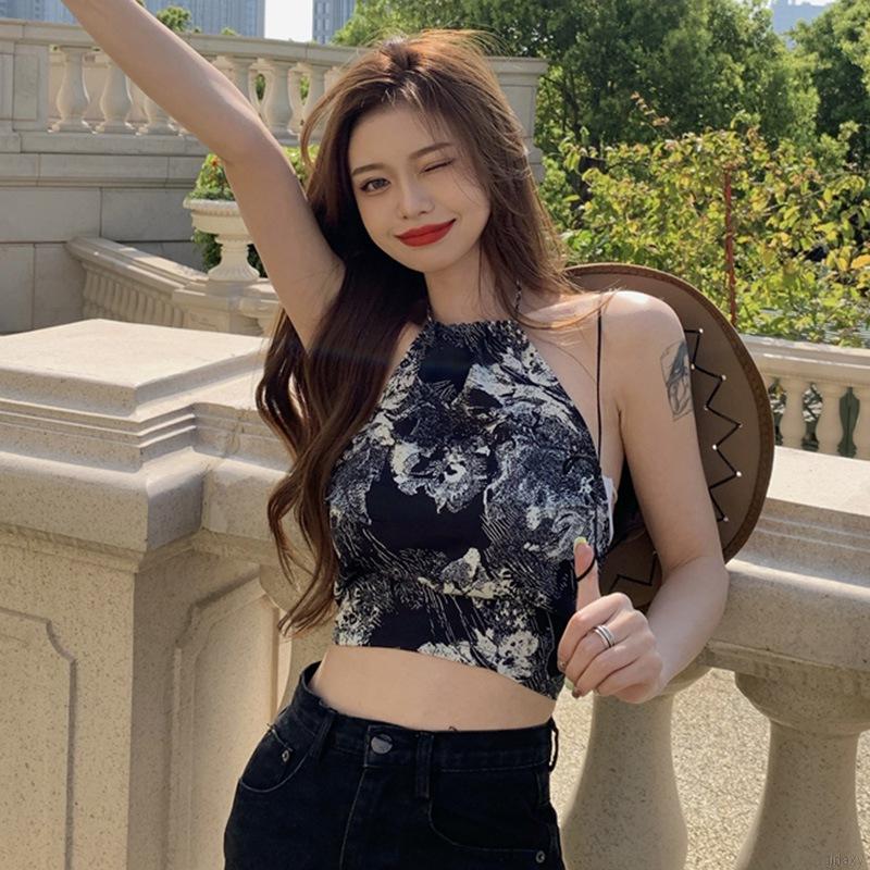 Áo lửng hai dây in họa tiết phong cách Hàn Quốc quyến rũ dành cho nữ