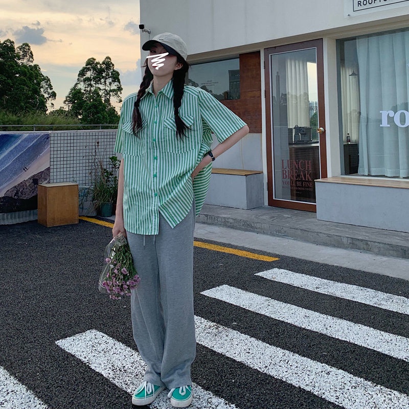 Áo sơ mi IELGY tay ngắn họa tiết kẻ sọc phong cách retro thời trang cho nữ