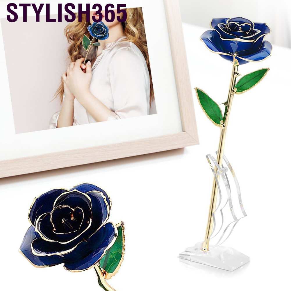 Stylish365 Real Dipped Blue Rose with Bracket Flower Decoration 24K Gold Plated Green Leaf Gift for Birthday Valentine's Day