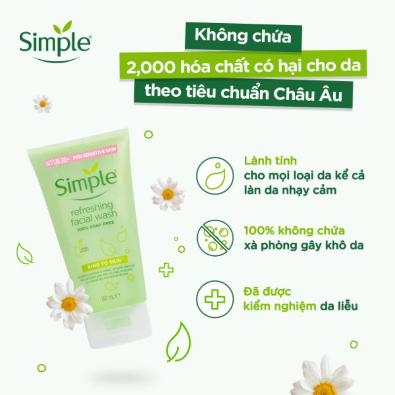 Sữa rửa mặt Simple dịu nhẹ giúp da sạch thoáng & không chứa xà phòng 150ml