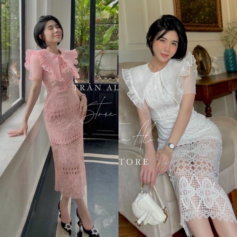 Hàng TK Đầm ren trắng hồng tay ngắn, váy dài ôm body dễ thương sang trọng, thời trang nữ/hotgirl đi chơi dạo phố dự tiệc