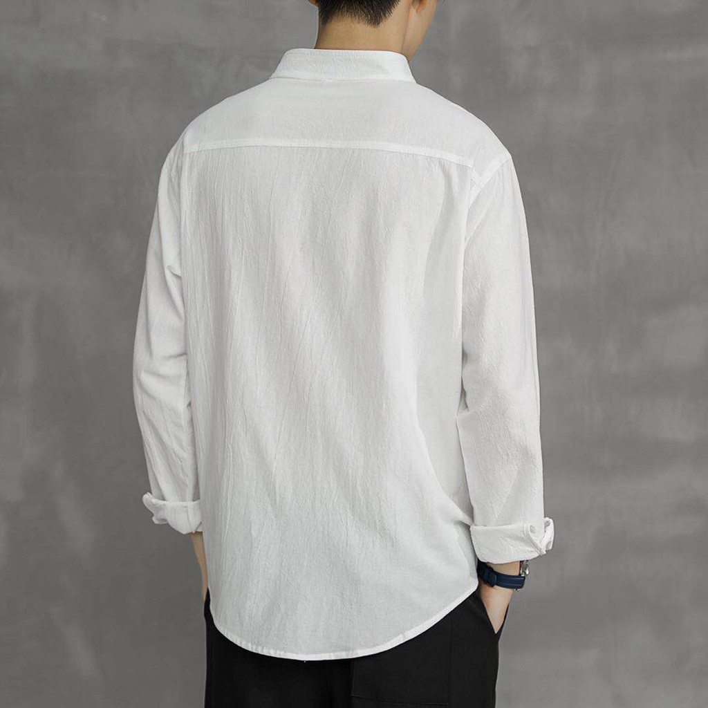 Áo sơ mi nam form rộng Cổ Trụ Cổ Tàu tay dài màu Trắng,Đen chuẩn form Hàn Quốc vải lụa mềm mịn SMD03 | BigBuy360 - bigbuy360.vn