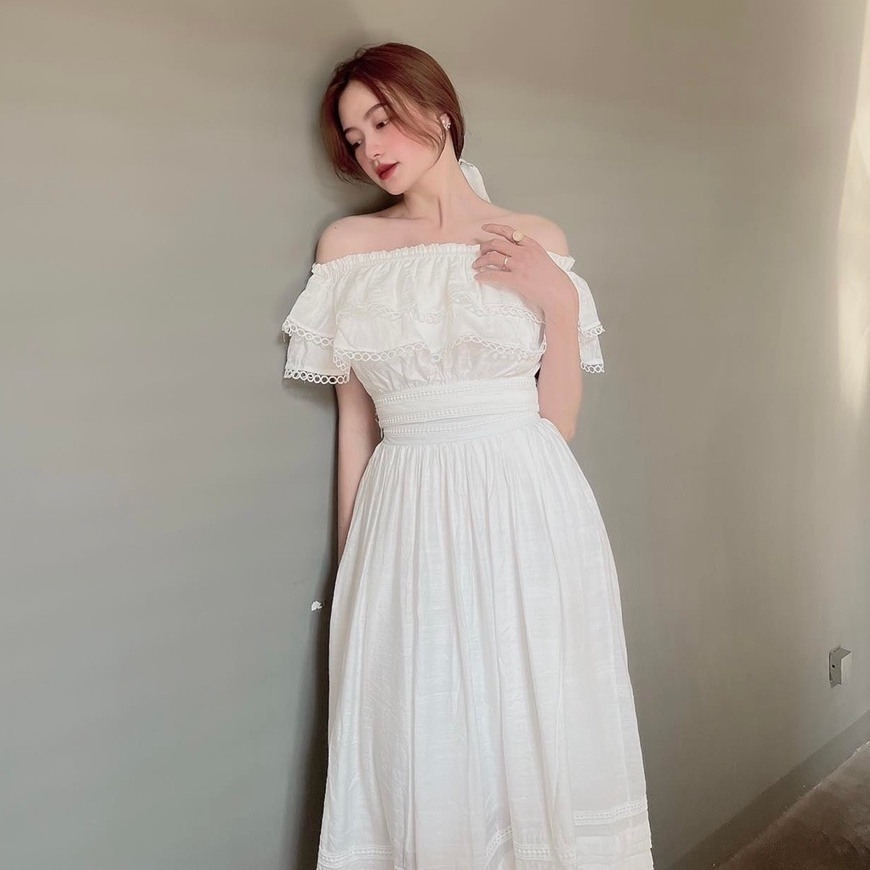 [Ảnh thật] Set áo trễ vai bèo chân váy midi viền ren siêu xinh