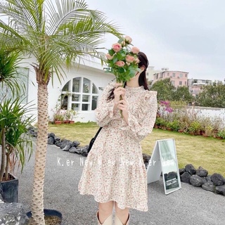 Váy hoa nhí bèo cổ chun eo bo tay phong cách Hàn Quốc