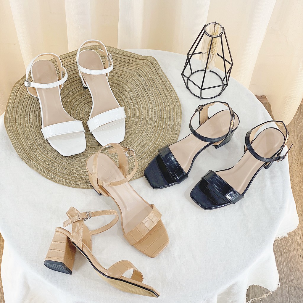 Sandal cao gót nữ GÓT XINH GD22 màu đen quai ngang đế vuông cao 5cm