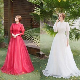 Đầm maxi trắng đỏ, dạ hôi cổ trụ tay dài sang trọng _ Hình thật SP 100% kèm hình thật video
