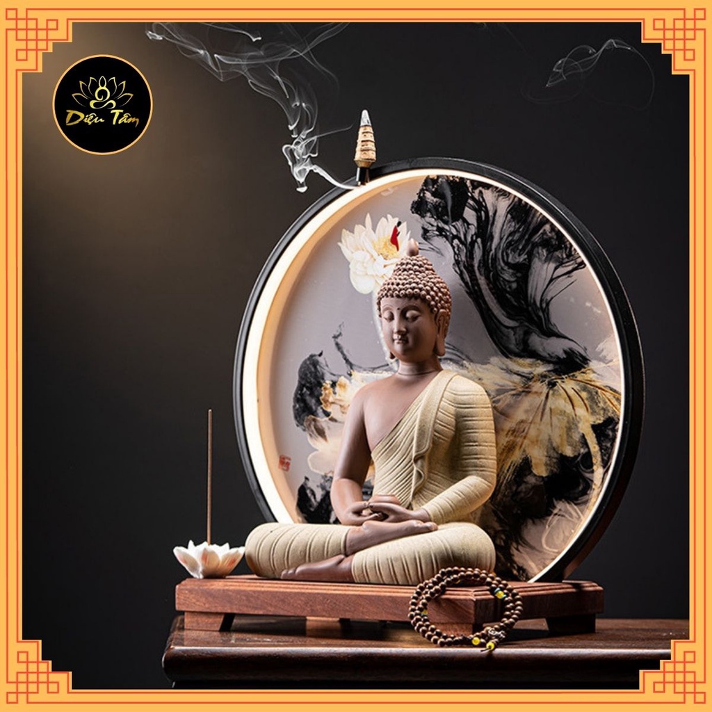 Thác khói trầm hương tượng phật A Di Đà có đèn led xông nụ trầm hương nhang không tăm đồ thờ cúng trang trí bàn trà