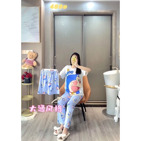 Đồ mặc nhà size lớn hoạ tiết hoạt hình dễ thương, bộ thun nữ tay ngắn quần dài thun 4 chiều TẶNG KÈM quần ngắn cùng hình