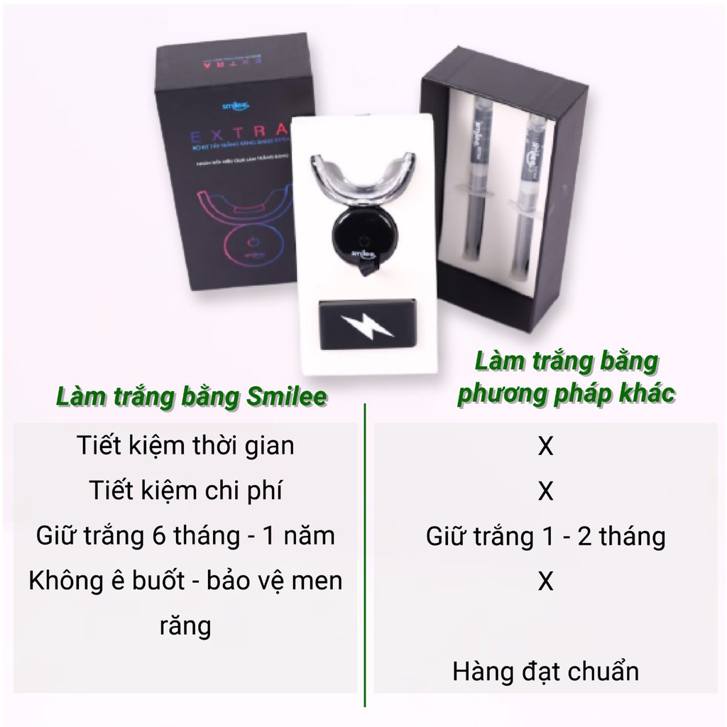 Trắng răng Smilee  Extra, trắng răng từ 3-6 tone sau một liệu trình giúp hơi thở thơm mát tự tin. Hàng chính hãng