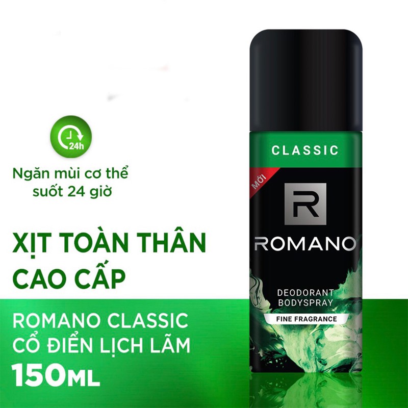 Romano: Combo Xịt khử mùi toàn thân cho nam Romano Classic 150ml+ Nước hoa bỏ túi 18ml