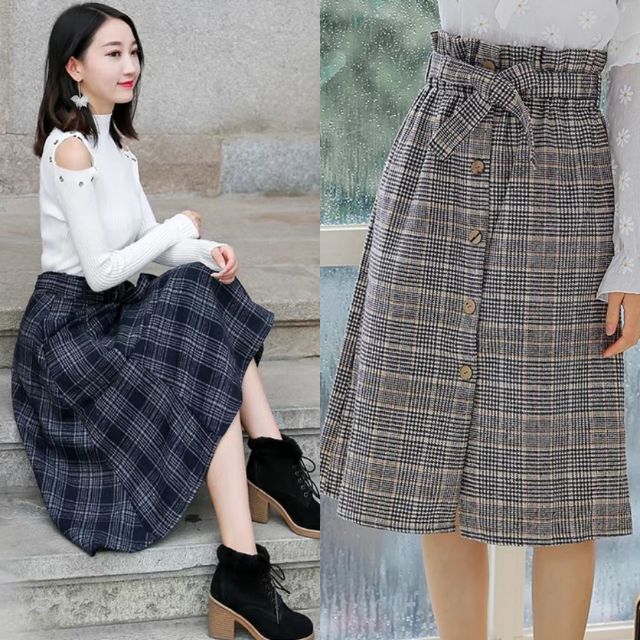 Chân váy dạ kẻ dài