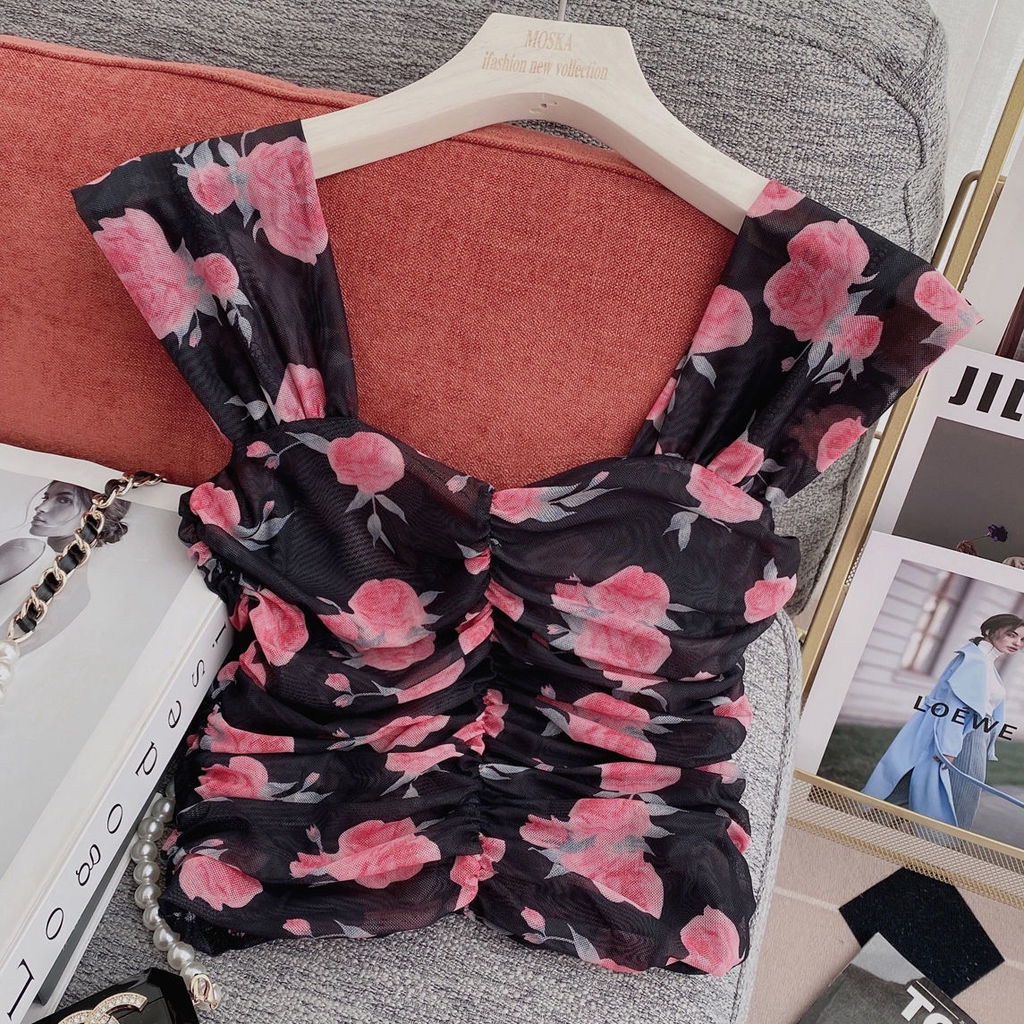 Áo Hai Dây Cổ Vuông Họa Tiết Hoa Thiết Kế Mới Thời Trang Cho Nữ