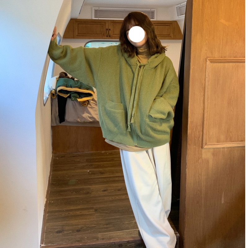 Áo khoác cardigan ZHELIHANGFEI dệt kim tay dài dáng rộng có mũ thời trang phong cách preppy