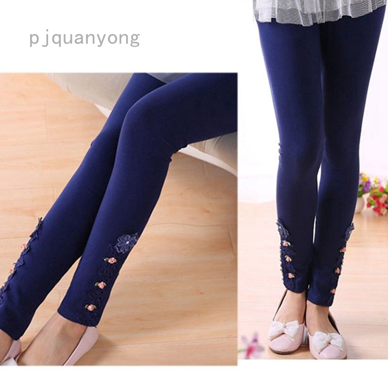 Quần Legging Cotton Dày Phối Ren Hoa Toàn Diện Cho Bé Gái