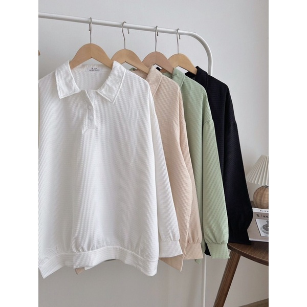 [Ảnh thật/Video] Set áo nỉ TRƠN CỔ POLO phong cách Ulzzang tay bồng kèm quần dày dặn Set bộ Hàn Quốc