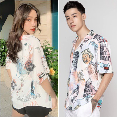 Áo sơ mi họa tiết mèo crayon