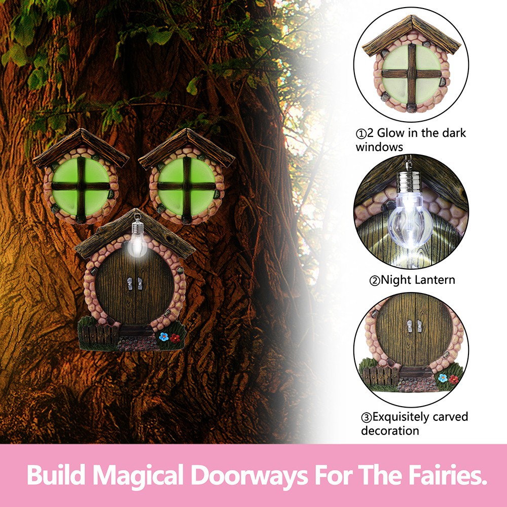 MIOSHOP Garden Gnome Home Sculpture Decoration Noctilucence Sculpture Fairies Door and Windows Glow in The Dark Trees Decor Yard Art Lawn Ornament Miniature