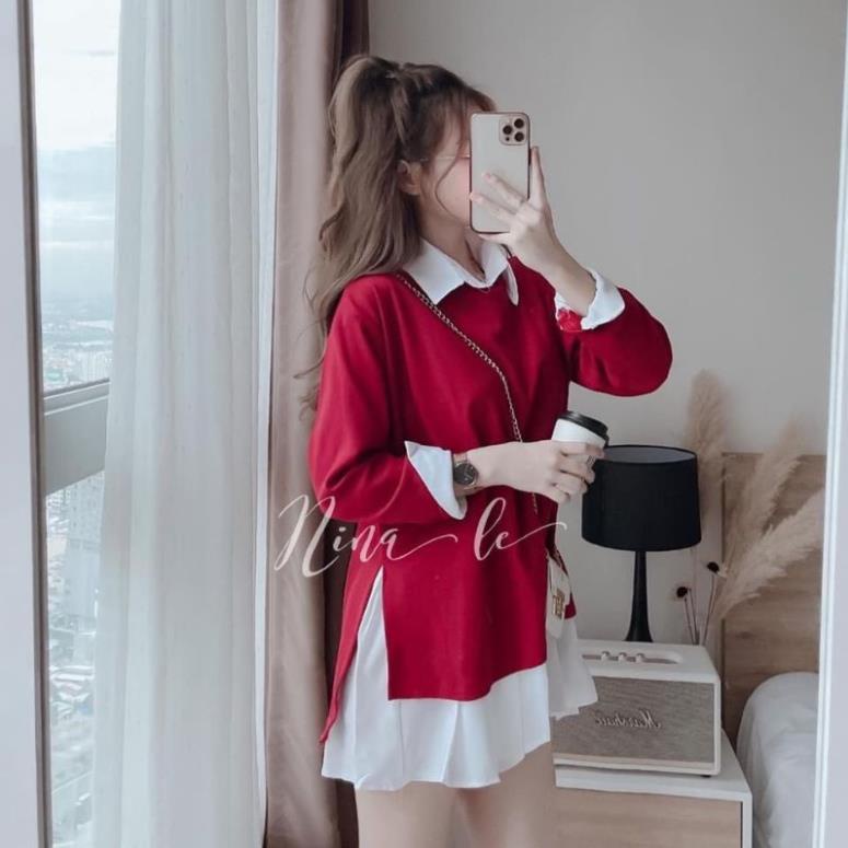 Set áo chân váy VAYO combo áo sơ mi trắng gile len đỏ và chân váy xếp ly thời trang nữ đẹp | BigBuy360 - bigbuy360.vn