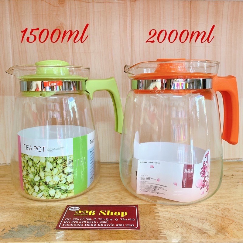 Bình thuỷ tinh chịu nhiệt cao cấp Lilac [chịu nhiệt đến 100 độ]- Có 2 size: 1500ml và 2000ml