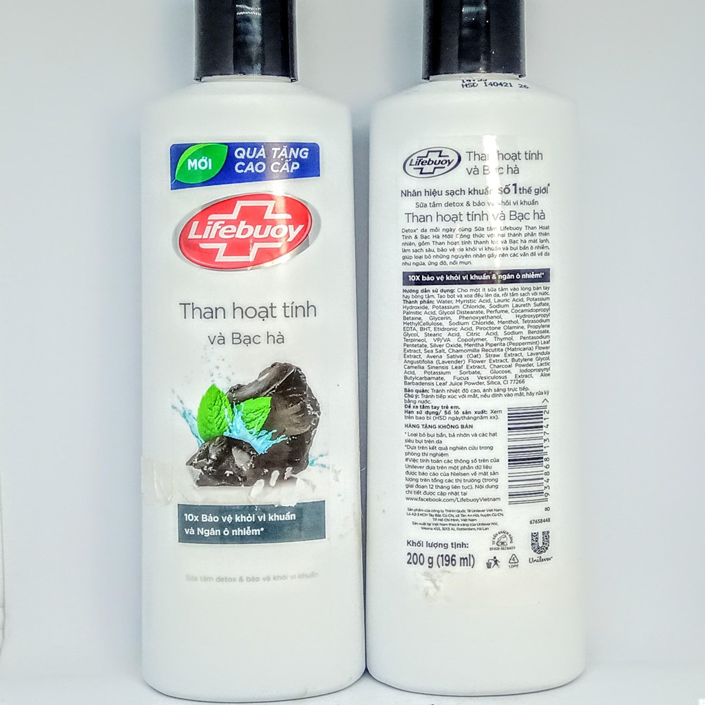 COMBO 3 chai sửa tắm Lifebuoy than hoạt tính và bạc hà 200g
