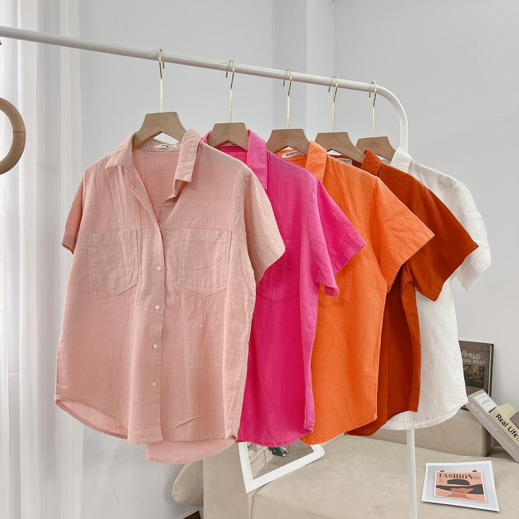 Áo Sơ Mi Nữ Nhiều Màu Cộc Tay 2 Túi Mùa Hè Mềm Mát Freesize, Sơ Mi Công Sở Nữ Chất Linen Bột SUBICI