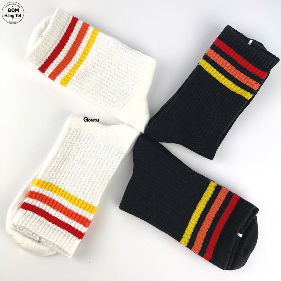 Vớ nam nữ cổ cao mẫu sọc ngang thời trang, tất cao cổ nam nữ chất liệu cotton cao cấp thoáng mát -GOM10-CAO-3SOC-1DOI