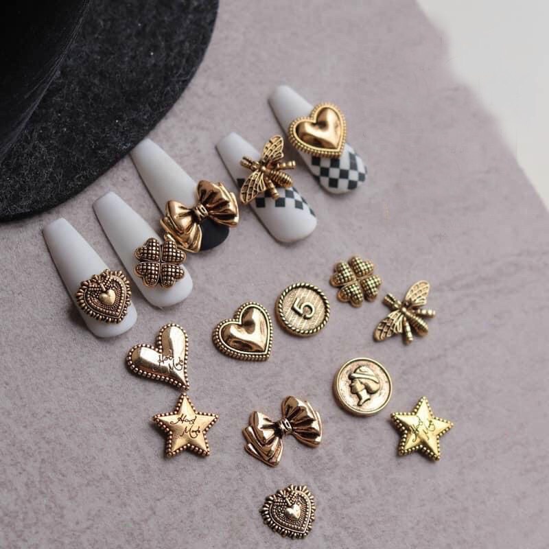 Charm đồng gắn móng tay, charm sắt hình gấu, nơ, chữ, thương hiệu gắn móng tay