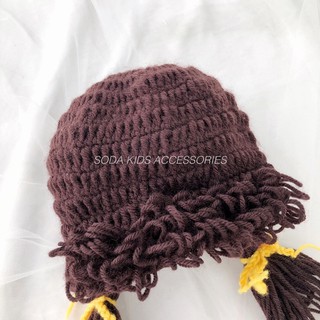 Mũ len tóc giả nâu tết 2 bên