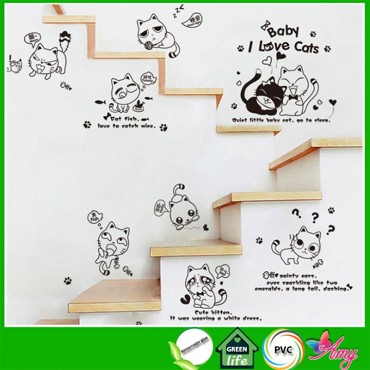 Decal dán trang trí tường 10 chú mèo dễ thương ngộ nghĩnh AmyShop DKN139