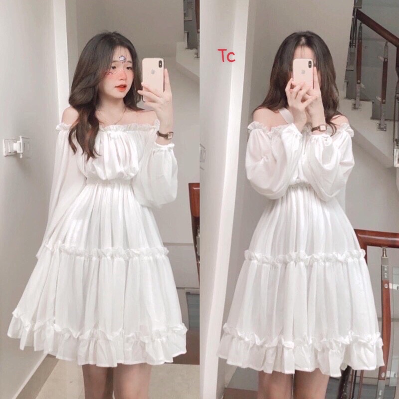 Đầm công chúa trễ vai 3 tầng, Chất von lụa cao cấp bền đẹp, Váy dài chuẩn mẫu,có lớp lót trong cùng màu không bị lộ