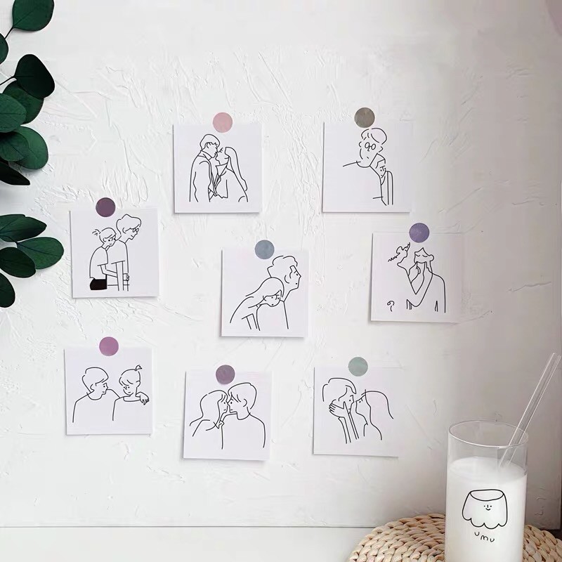 Set 8 tấm hình trang trí tường decor anh và em đơn giản tặng hình dán tròn