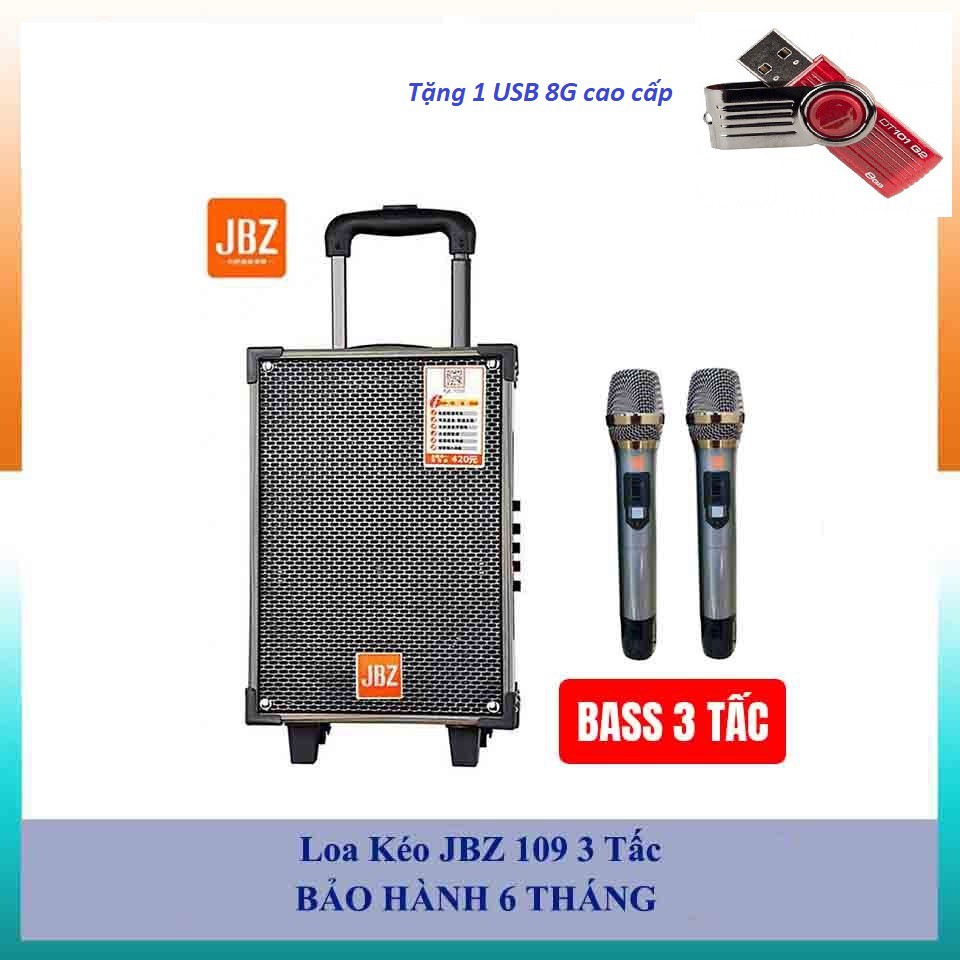 Mẫu mới nhất - Loa kéo vỏ gỗ JBZ NE-109 bass 3 tấc kèm 2 micro không dây siêu chất tặng 1 USB 8G cao cấp