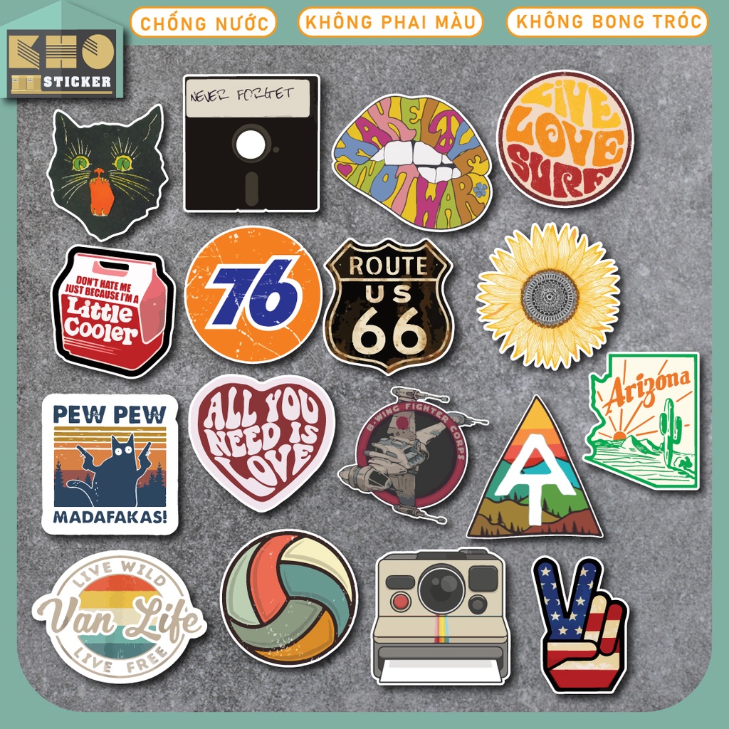 Combo 50 hình Vintage chống nước sticker dán laptop, điện thoại, đàn guitar, mũ bảo hiểm, vali. MSP: ST55