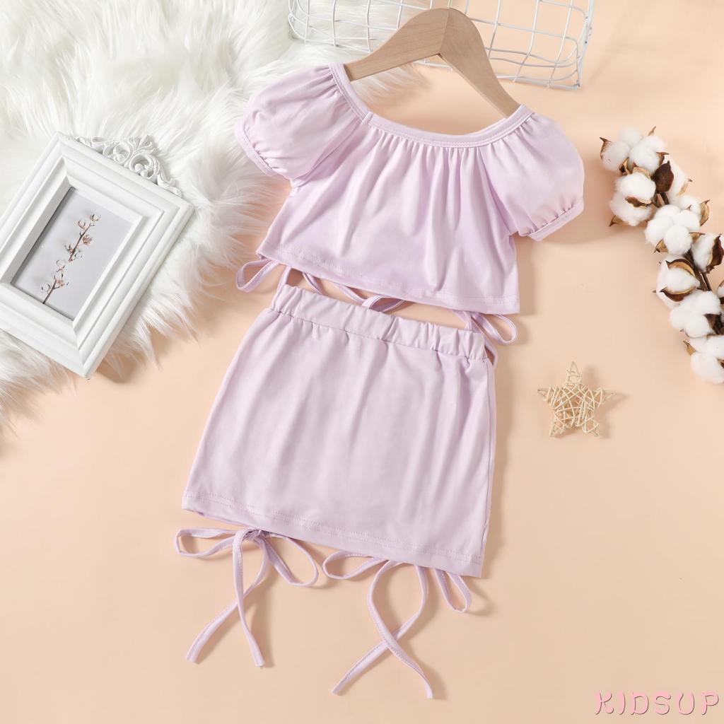Set Áo Croptop + Chân Váy Lưng Thun Xếp Ly Màu Sắc Dễ Thương Cho Bé Gái