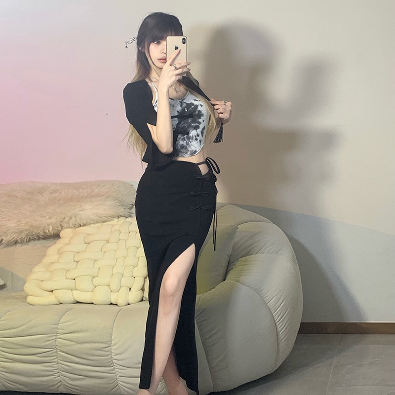 Kliou Chân Váy Midi Lưng Cao Ôm Dáng Thiết Kế Xẻ Tà Phong Cách Trung Hoa Cổ Điển Thời Trang Mùa Hè Cho Nữ