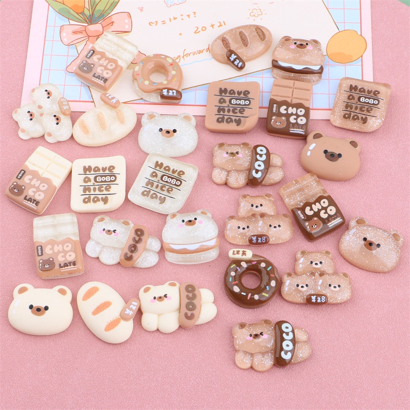 Set 10 Kẹp Tóc Bằng Resin Trong Suốt Màu Cà Phê / Gấu / Bánh Donut DIY