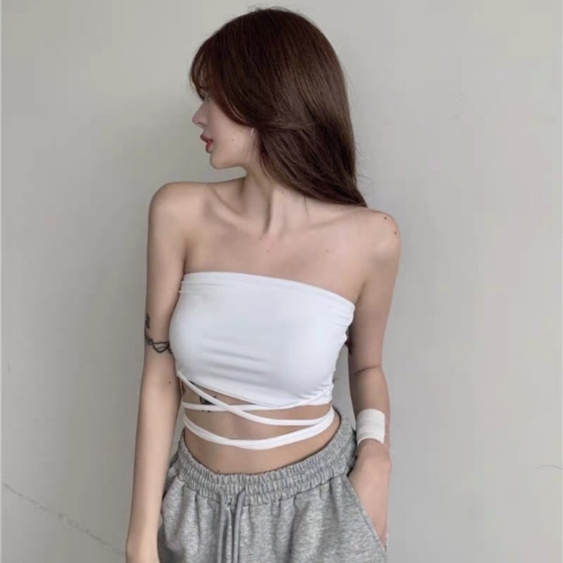 Áo ống cột dây eo ảnh thật đen trắng